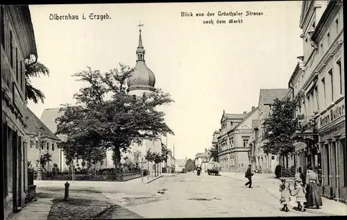 Ak Olbernhau im Erzgebirge, Blick von der Grünthaler Straße nach dem Markt, Geschäft