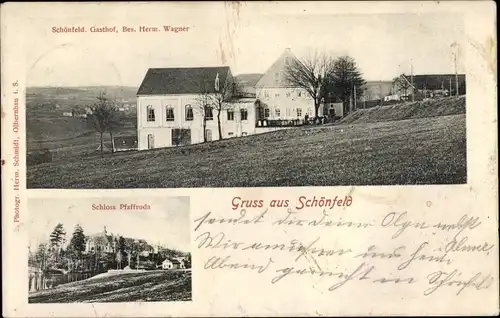 Ak Schönfeld Olbernhau im Erzgebirge Sachsen, Gasthof, Schloss Pfaffroda