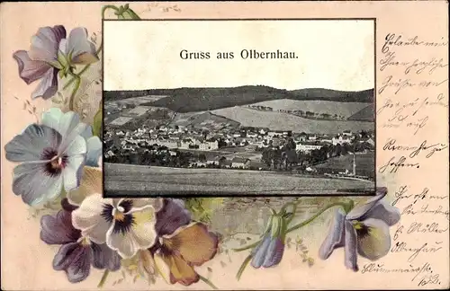 Passepartout Ak Olbernhau im Erzgebirge, Blick auf den Ort, Stiefmütterchen