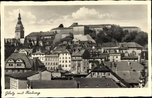 Ak Kłodzko Glatz Schlesien, Panorama mit Festung