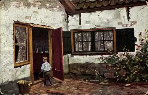 Künstler Ak Gerstenhauer, Johann, Junge vor einem Bauernhaus