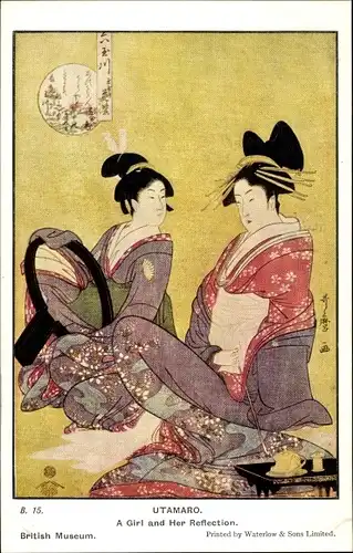 Künstler Ak Utamaro, A Girl and her Reflection, Japanerinnen in Kimonos