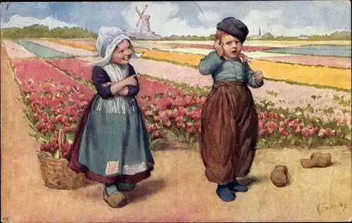 Künstler Ak Feiertag, K., Kinder, Tulpen-Feld, Niederländische Tracht