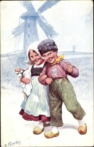 Künstler Ak Feiertag, K., Liebespaar, Niederländische Tracht, Puppe, Windmühle, BKWI 922-4