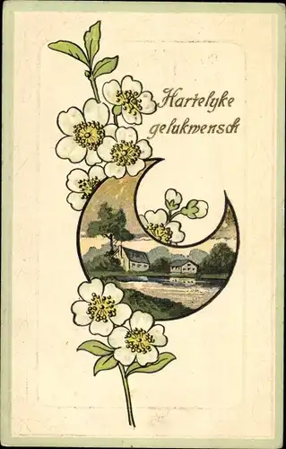 Präge Litho Glückwunsch Sonstige, Landschaft mit Häuser, Blüten