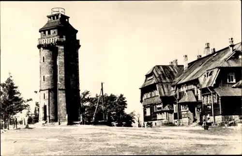 Ak Eibenstock im Erzgebirge Sachsen, HO Unterkunftshaus, Turm, Auersberg