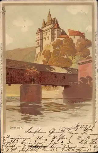 Künstler Litho Herrmann, Paul, Kriebstein Mittelsachsen, Schloss, Brückenpartie