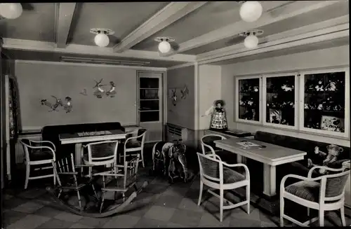 Ak Dampfschiff MS Caribia, HAPAG, Kinderzimmer, Schaukelstuhl für Kinder, Spielzeugelefant, Teddybär