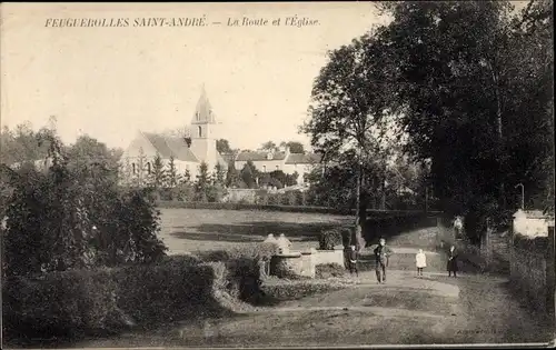 Ak Feuguerolles Saint Andre Calvados, La Route et l'Eglise