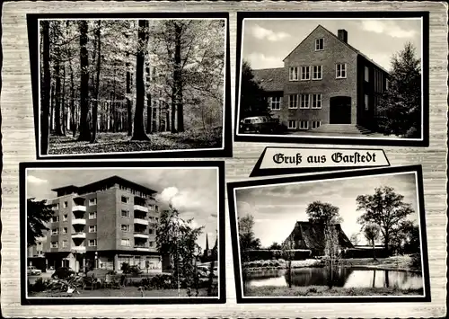Ak Garstedt in Niedersachsen, Waldpartie, Wohnhaus, Schule, Teich