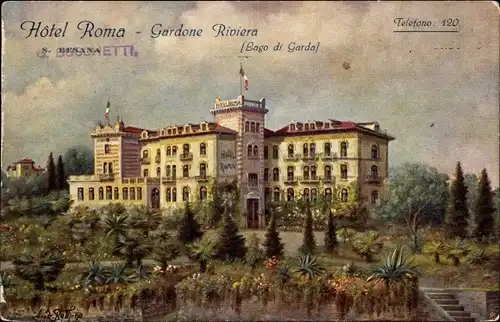 Künstler Ak Gardone Riviera Lago di Garda Lombardia, Hotel Roma