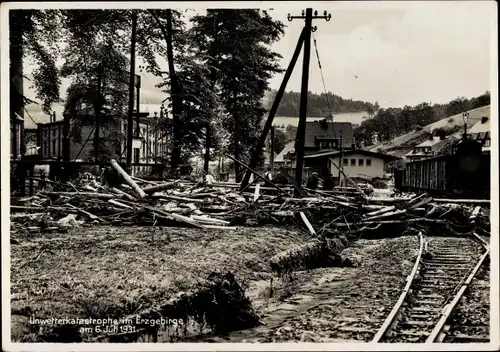 Ak Erla Schwarzenberg im Erzgebirge Sachsen, Unwetterkatastrophe am 06. Juli 1931