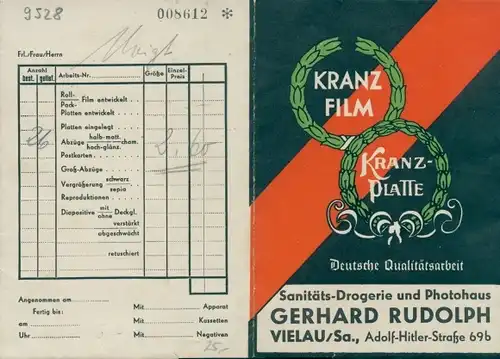 Fotomappe Vielau Reinsdorf Sachsen, Sanitätsdrogerie Photohaus Gerhard Rudolph, Kranz Platte, Film