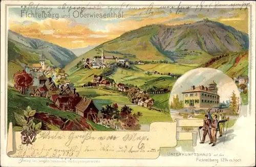 Litho Oberwiesenthal im Erzgebirge Sachsen, Panorama vom Ort, Berge, Unterkunftshaus am Fichtelberg