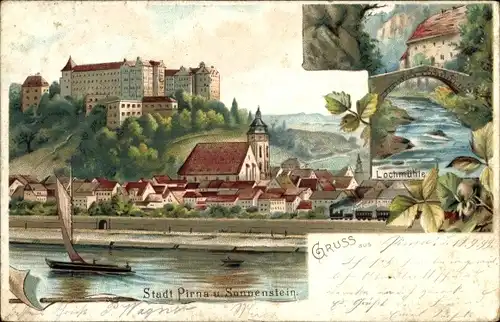 Litho Pirna an der Elbe, Lochmühle, Schloss Sonnenstein, Blick auf den Ort