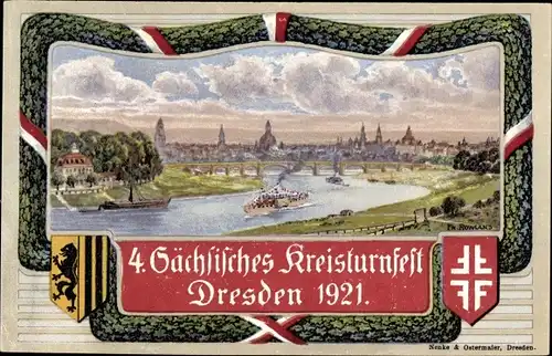 Künstler Ak Rowland, Dresden Zentrum Altstadt, 4. Sächsisches Kreisturnfest 1921, Stadtansicht