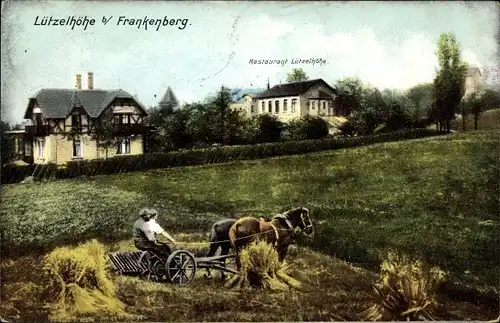 Ak Lützelhöhe Frankenberg an der Zschopau, Restaurant, Bauern mit Pferdekarren, Feldarbeit