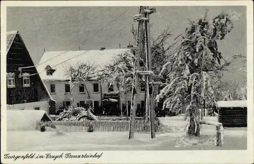 Ak Zinnwald Georgenfeld Altenberg im Erzgebirge, Gasthof Grenzsteinhof, Winteransicht