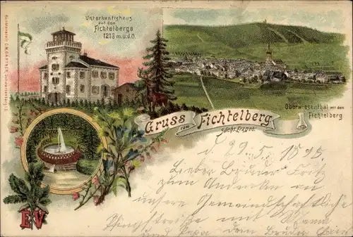 Litho Oberwiesenthal im Erzgebirge Sachsen, Unterkunftshaus auf dem Fichtelberg, Blick auf den Ort