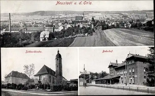 Ak Neustadt an der Orla, Gesamtansicht, Schlosskirche, Bahnhof, Gleisseite