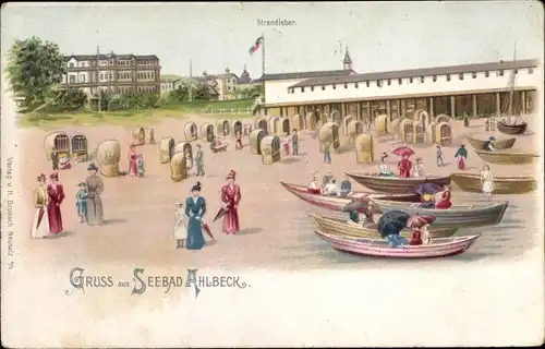 Litho Ostseebad Ahlbeck Heringsdorf auf Usedom, Strandleben, Ruderboote