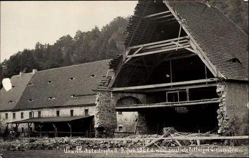 Foto Ak Bad Gottleuba Bad Berggießhübel, Hochwasser 1927, zerstörtes Rittergut Gießenstein