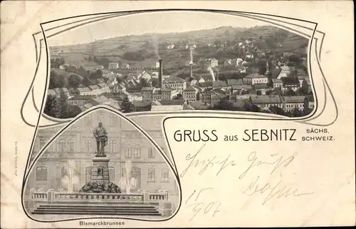 Jugendstil Ak Sebnitz Sächsische Schweiz, Blick auf den Ort, Bismarckbrunnen