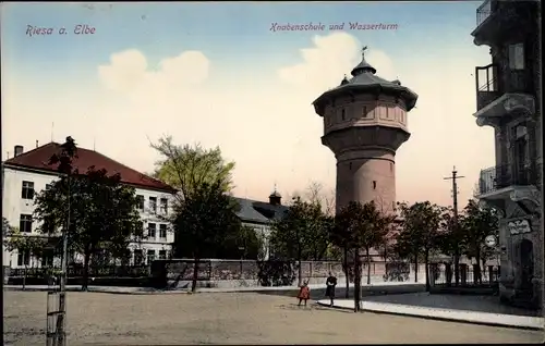 Ak Riesa an der Elbe Sachsen, Knabenschule und Wasserturm