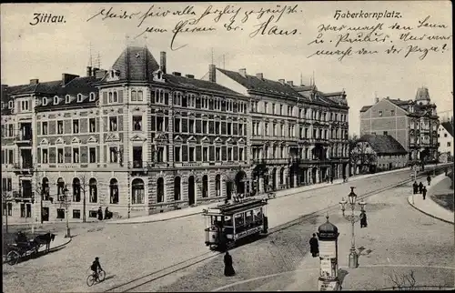 Ak Zittau in Sachsen, Haberkornplatz, Straßenbahn, Litfaßsäule