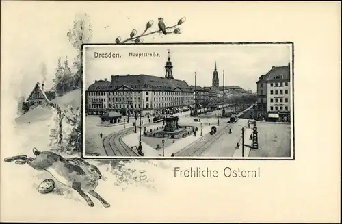 Passepartout Ak Dresden, Glückwunsch Ostern, Hauptstraße, Denkmal, Osterhase