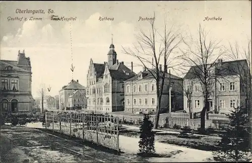 Ak Oberlungwitz in Sachsen, Gasthof zum Lamm, Hospital, Rathaus, Postamt, Apotheke