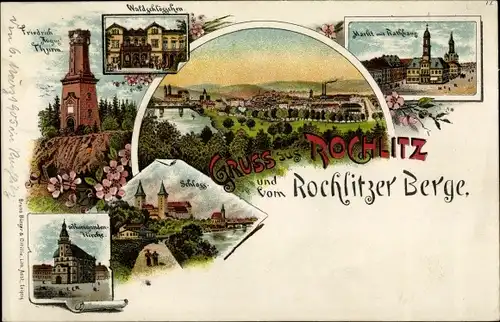 Litho Rochlitz Sachsen, Waldschlösschen, Schloss, Friedrich August Turm, Rathaus, Markt