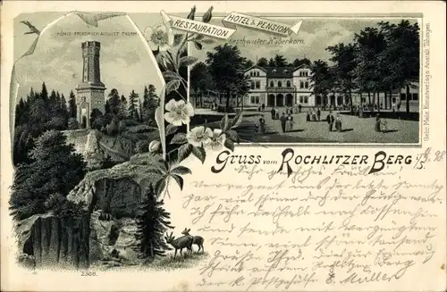 Litho Ak Rochlitz an der Mulde, Rochlitzer Berg, Restaurant, Hotel Geschwister Haberkorn, Turm