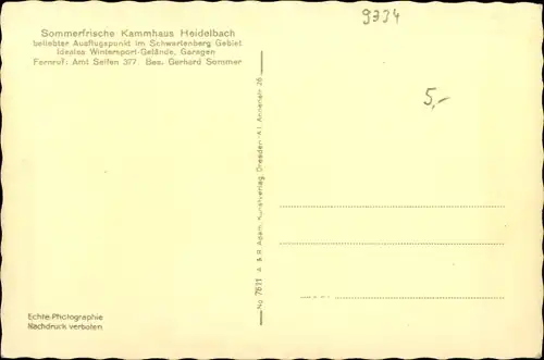 Ak Heidelbach Seiffen im Erzgebirge, Kammhaus Heidelbach, Schwartenberg, Bes. Gerhard Sommer