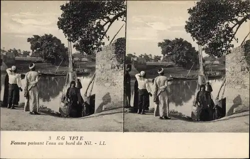Stereo Ak Ägypten, Femme puisant l'eau au bord du Nil