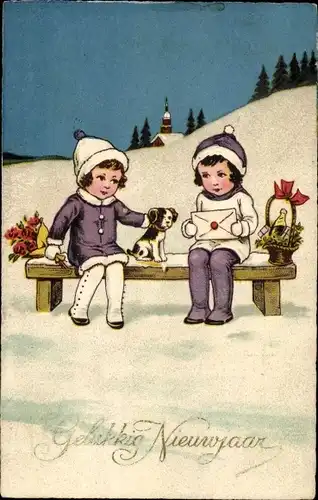 Ak Glückwunsch Neujahr, Junge und Mädchen mit Blumen und Hund auf einer Bank