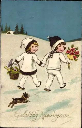 Ak Glückwunsch Neujahr, Junge und Mädchen mit Blumen und Hund im Schnee