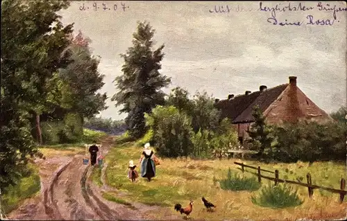 Künstler Ak Gerstenhauer, Johann, Dorfpartie, Hühner, Bauernhaus