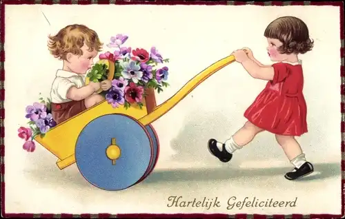 Ak Glückwunsch Geburtstag, Mädchen schiebt Handkarren mit Junge und Blumen