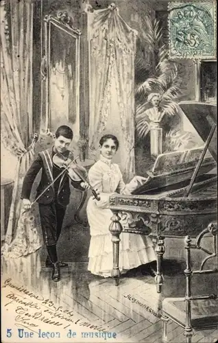 Künstler Ak Scolik, Une lecon de musique, Junge mit Geige, Frau am Klavier
