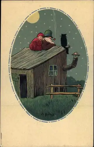 Künstler Ak Paar auf einem Dach im Mondschein, schwarze Katze