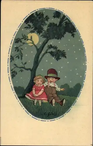 Künstler Ak Paar unter einem Baum im Mondschein