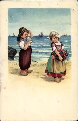 Künstler Ak Junge und Mädchen in niederländischen Trachten