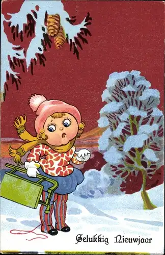 Ak Glückwunsch Neujahr, Mädchen mit Schlitten, Zapfen