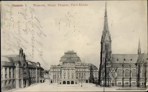 Ak Chemnitz in Sachsen, Museum, Neues Theater, Petrikirche