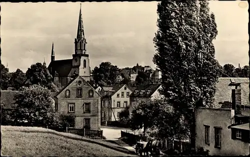 Ak Burgstädt in Sachsen, Pferdekarren, Kirche, Straßenpartie