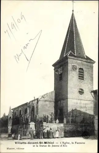 Ak Villotte devant Saint Mihiel Villotte sur Aire Meuse, L'Eglise, La Fontaine, Statue de J. d'Arc