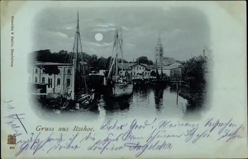 Mondschein Ak   Itzehoe in Holstein, Segelschiffe im Hafen