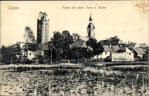 Ak Triptis in Thüringen, Partie mit altem Turm und Kirche