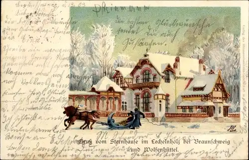 Künstler Litho Wolfenbüttel in Niedersachsen, Sternhause im Lechenholz, Pferdeschlittenpartie